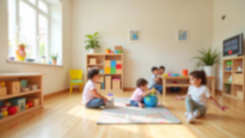 Interior de guardería moderna: aula luminosa con juguetes educativos, muebles coloridos seguros, niños pequeños jugando en área de juegos supervisados