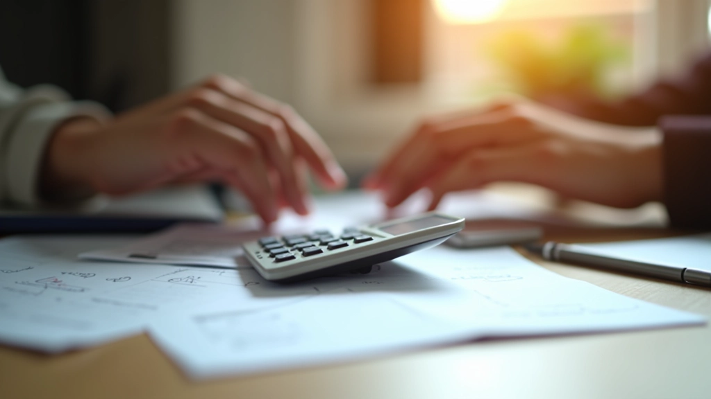 Calculadora junto a papeles financieros con gráficos y anotaciones manuscritas