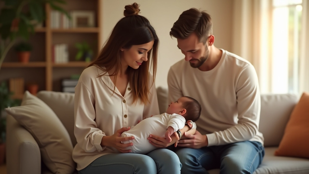 Dos padres leyendo juntos a su bebé en sofá acogedor, ambiente familiar cálido
