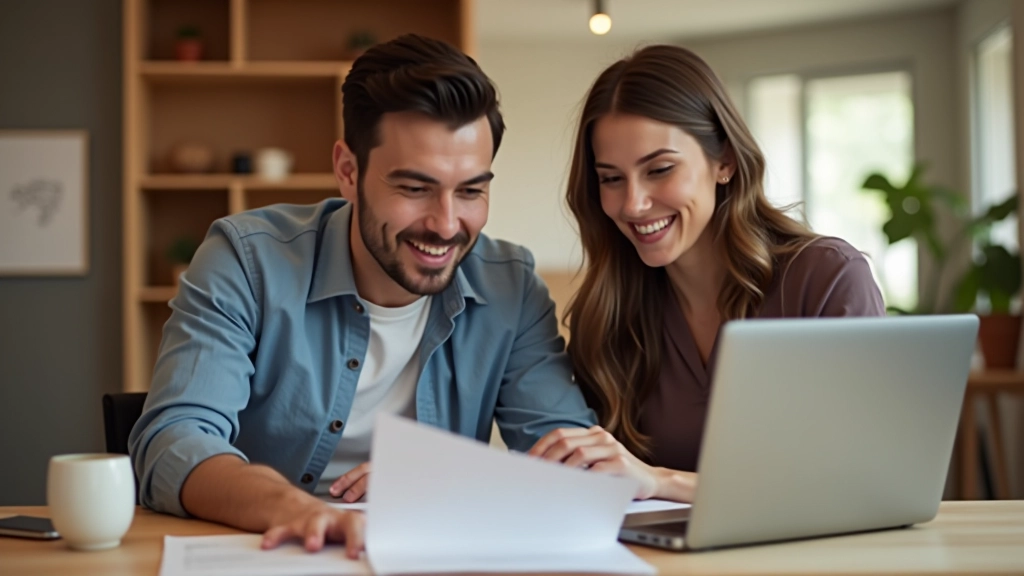 Padres analizando opciones de guardería: computadora con presupuesto, documentos de escuelas infantiles y café en mesa de madera