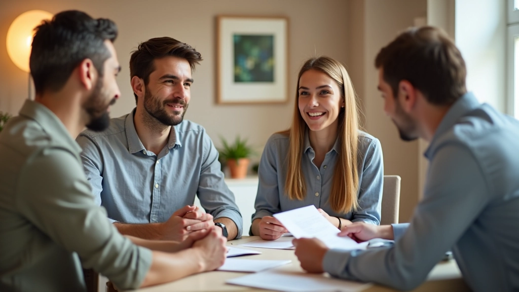 Pareja joven revisando documentos financieros con asesor especializado en planificación familiar