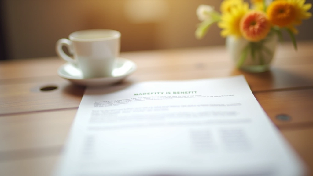 Documento de prestación por nacimiento sobre escritorio con taza de café y flores