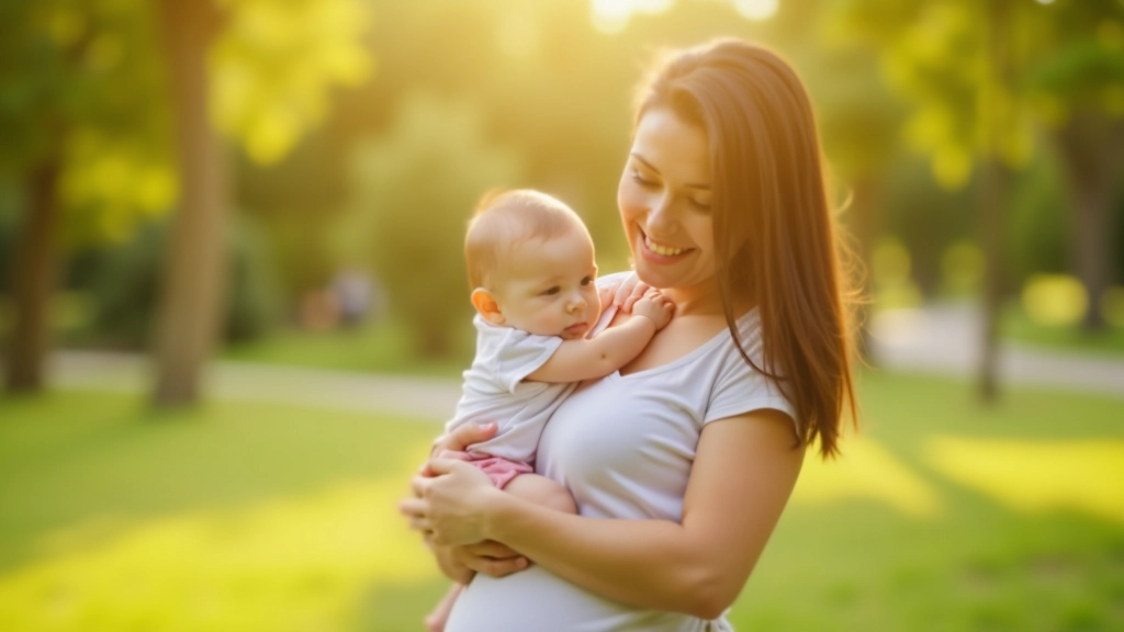 Madre con bebé en parque durante permiso de maternidad, ambiente familiar relajado