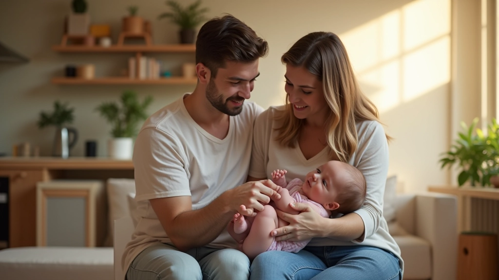Papas y bebé en ambiente cálido de hogar con elementos de cuidado infantil organizados
