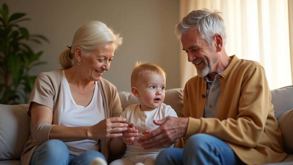 Abuelos cuidando a bebé: escena de convivencia intergeneracional en sala de estar con juguetes, amor y conexión familiar