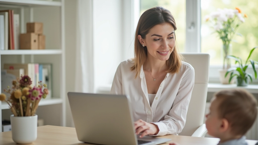 Mujer trabajando desde casa con bebé jugando cerca, equilibrio trabajo-maternidad