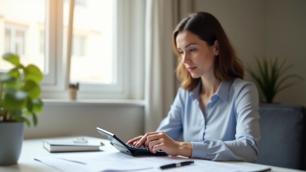 Persona revisando documentos financieros y anotaciones de gastos mensuales en escritorio organizado