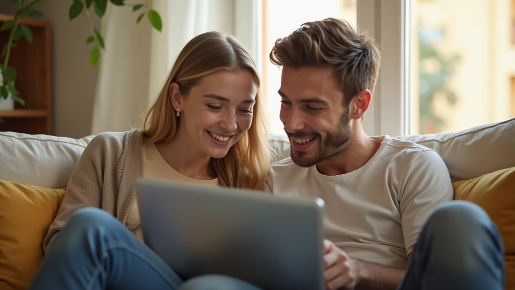 Pareja joven discutiendo presupuesto familiar con laptop en sala de estar cálida