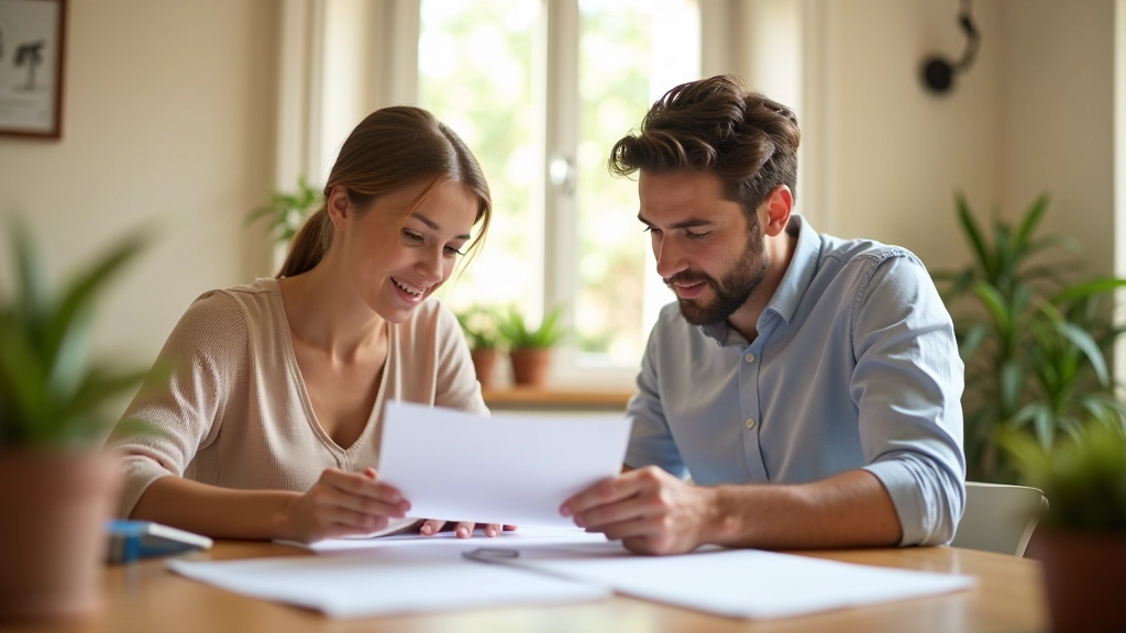 Familia joven planificando gastos de maternidad en escritorio con documentos y calculadora